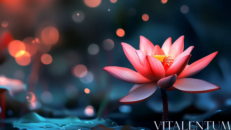 Coral lotus flower with bokeh luminescence in aquatic environment.