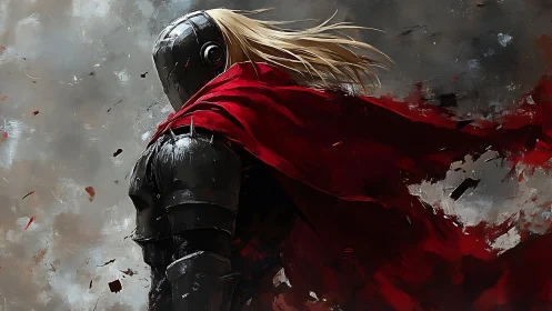 Armored sentinel with kinetic red cloak in stormfield atmosphere.