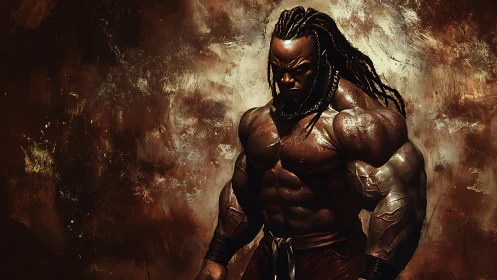 Digital painting of a muscular warrior with dramatic chiaroscuro lighting.