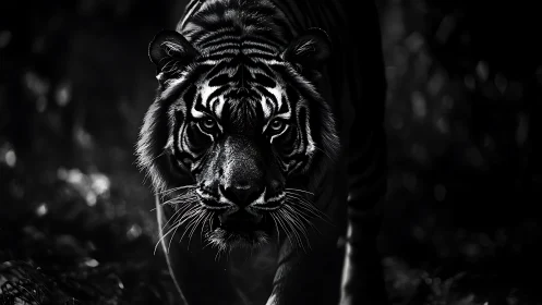Tiger walks forward in high contrast monochrome lighting