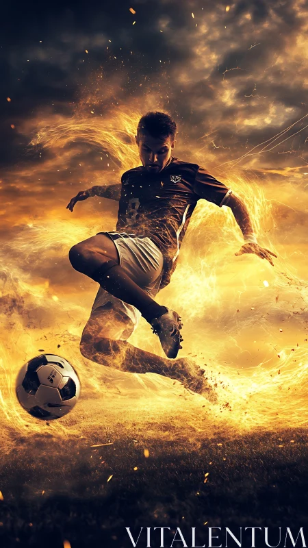Male soccer player in midair kick with fiery visual effects.