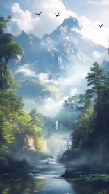 Mountain valley river flows beneath towering misty peaks