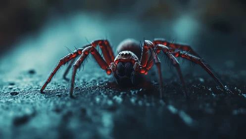 Macro frontal view of spider on dark textured surface.