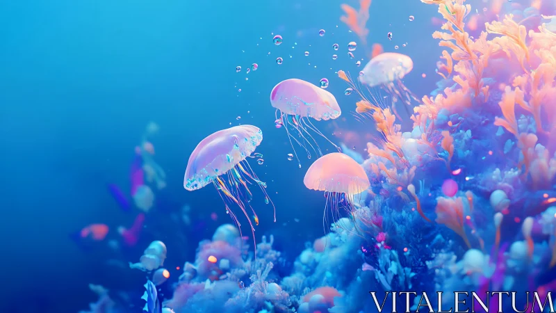 Bioluminescent jellyfish above neon coral reef in blue water