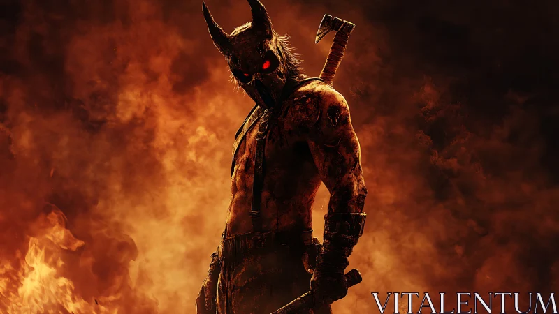 Horned humanoid figure stands amid dense orange fire haze