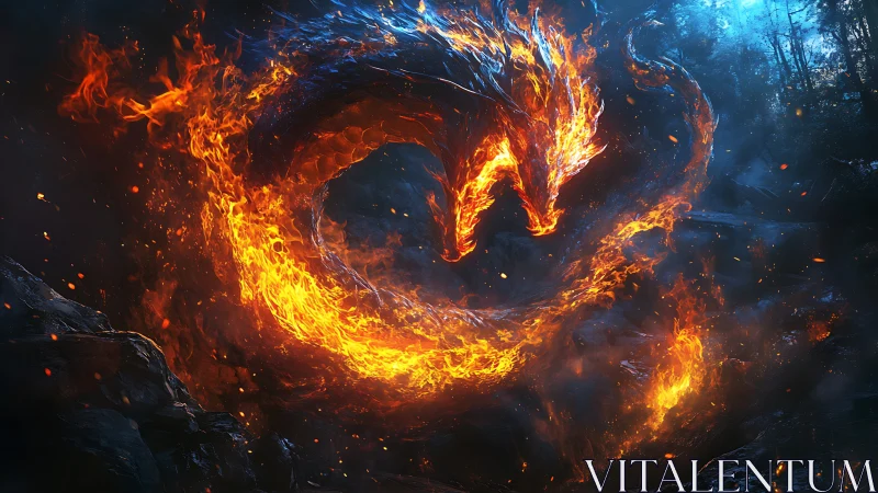 Fiery serpentine dragon form swirling in dark forest night.