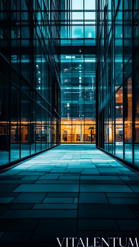 Glass office corridor with blue and orange city lights.