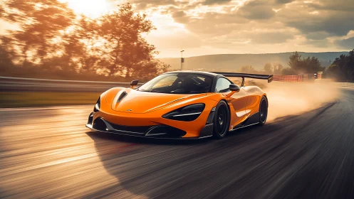 Orange track-focused supercar on racing circuit at sunset.