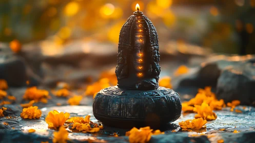 Stone oil lamp sculpture with marigold petals on wet stone.