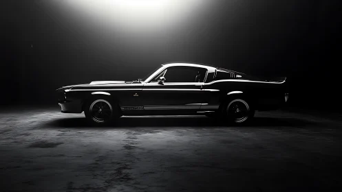 Classic black muscle car stands under dramatic studio spotlight