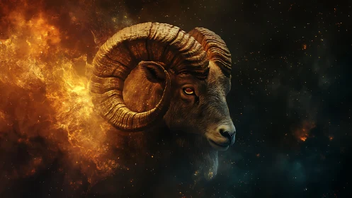 Starforged ram spirit emerging from a cosmic inferno.