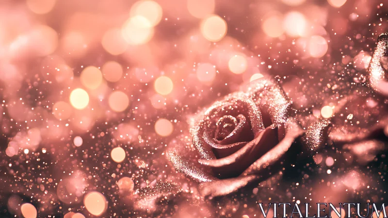 Macro glitter rose in warm bokeh shimmer composition.