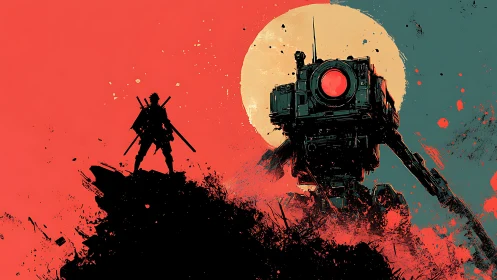 Samurai confronts towering combat mech before blazing sun