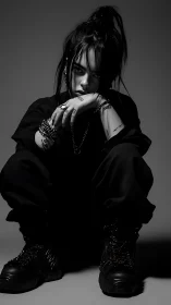 Monochrome studio portrait of seated person in dark clothing.