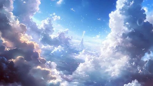 Celestial cloudscape frames luminous spire rising above horizon