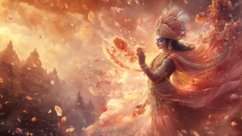 Divine goddess in radiant petals over mystical temples.