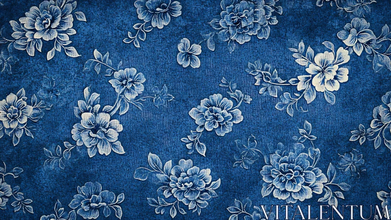 Vintage blue floral textile with white tonal engraving and grain