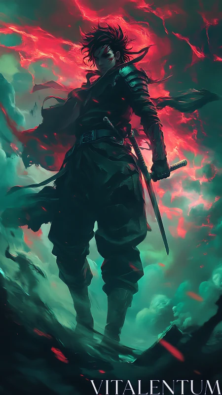 Stormlit rogue samurai strides through molten twilight skies.