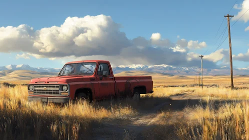 Red pickup truck in dry field under distant mountain range.