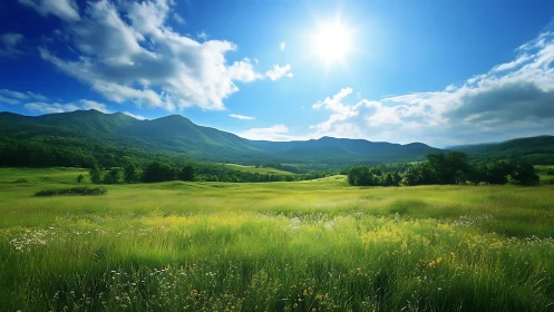 Sunlit mountain meadow opens into a serene summer horizon