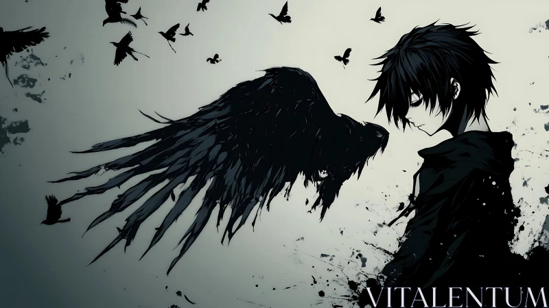 Shadowed boy with ink-black wings and restless midnight crows.