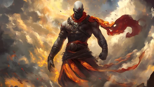 Fire-wreathed warrior strides through storm-lit clouds.