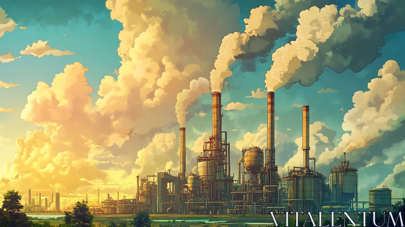 Sun-drenched smokestacks trade clouds with a restless sky