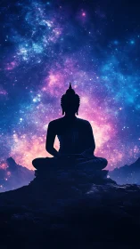 Silhouetted Buddha meditation against luminous cosmic nebula backdrop.