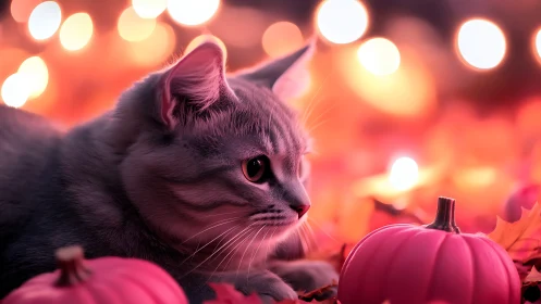 A Cat's Enchanted Evening Among Glowing Pumpkins.