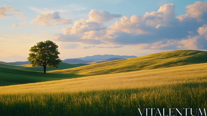 Solitary deciduous tree on sunlit rolling grassland at sunset