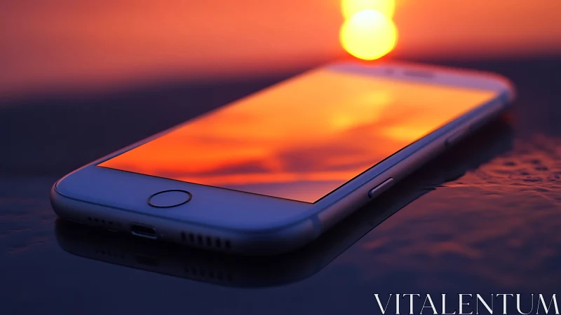 Mobile Device Sunset Reflection: Digital Rendering with Dramatic Golden Hour Lighting.