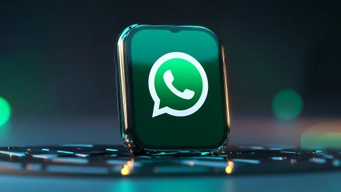 WhatsApp logo on illuminated 3D app icon in dark scene.
