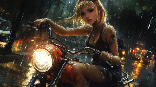 Rain-soaked street rider with luminous headlamp dynamics.