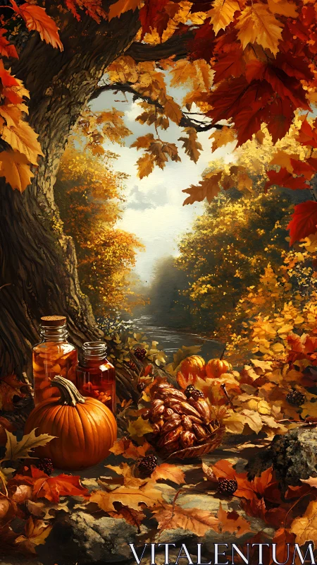 Autumn forest still life with pumpkins and glass bottles.