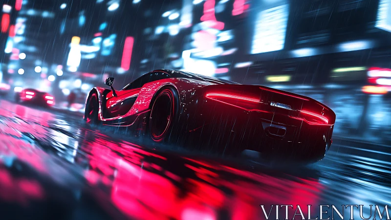Neon-lit hypercar racing through rain-soaked city streets.