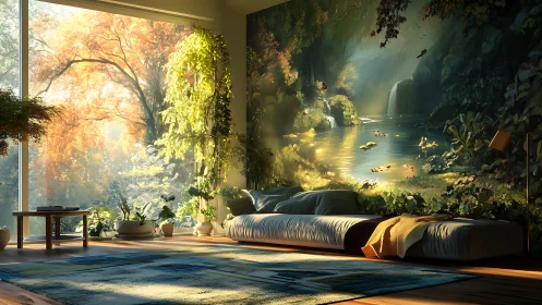 Sunlit interior with panoramic nature mural unifying indoor landscape
