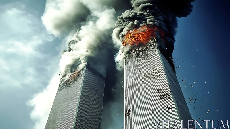 Twin towers engulfed in smoke and fire against blue sky.