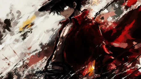 Anime figure in red coat stands amid abstract brush strokes