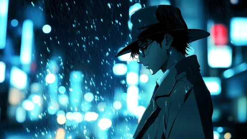 Profile view of trench‑coated figure in rainy neon cityscape.