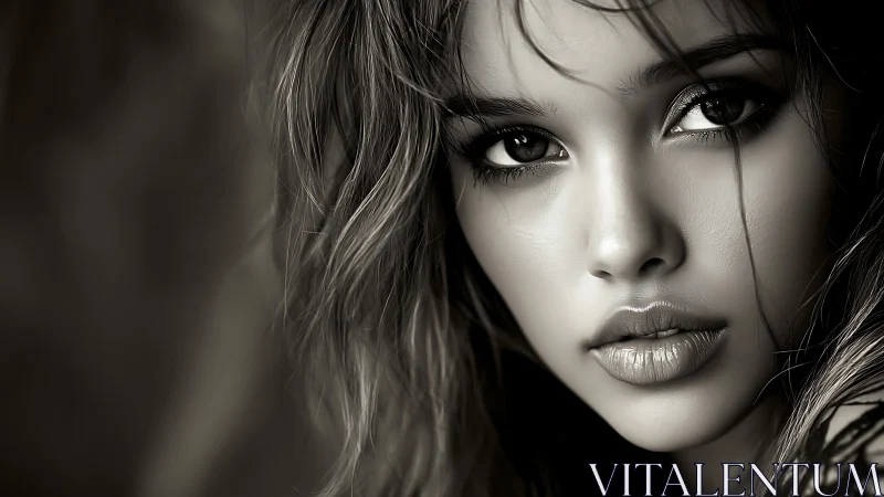 Monochrome portrait captures intense gaze and soft texture.