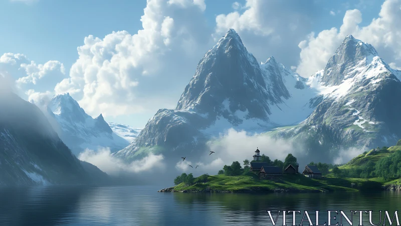 Mountain fjord village under towering snow peaks at dawn.