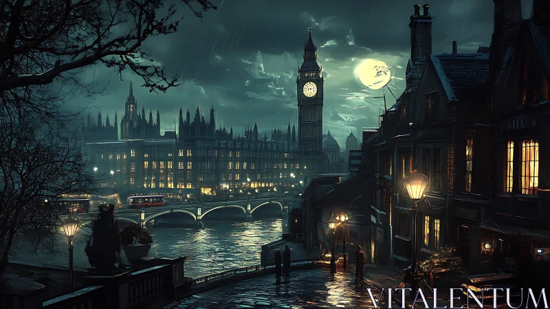 Moonlit neo-Victorian London riverside with glowing lamps.