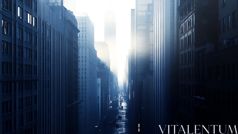 Fog-diffused morning light compresses a dense urban street canyon