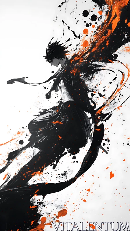 Monochrome figure with orange splatter motion effect.