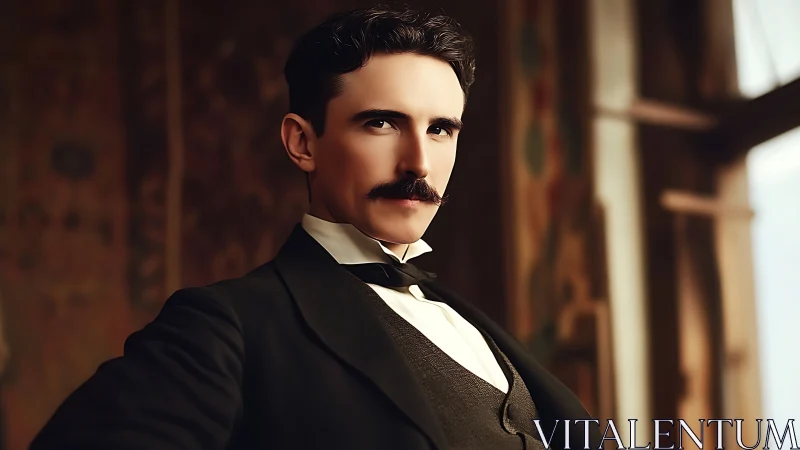 Victorian dressed man stands indoors in soft warm light