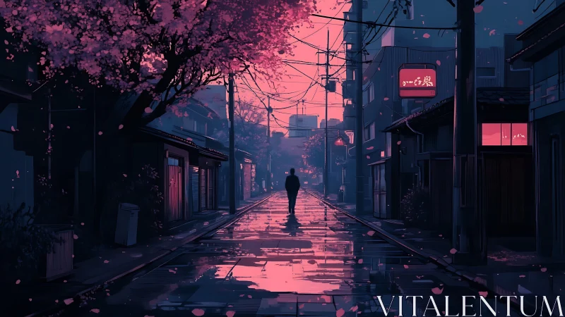 Solitary figure on wet urban street under cherry blossoms.