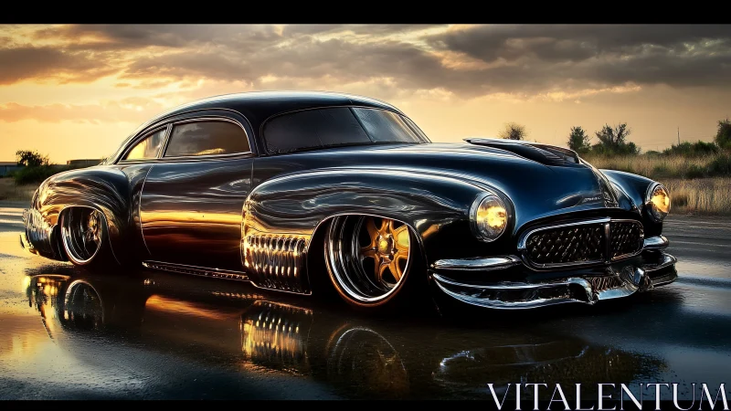 Chrome dusk cruiser sliding through molten sunset streets.