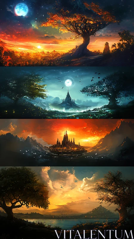 Moonlit realms and burning horizons in layered fantasy vistas.