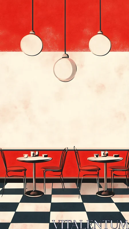 Interior view depicts red and white diner tables and lighting