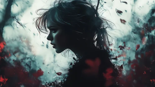 Silhouetted female profile in turbulent chromatic aerosol field.